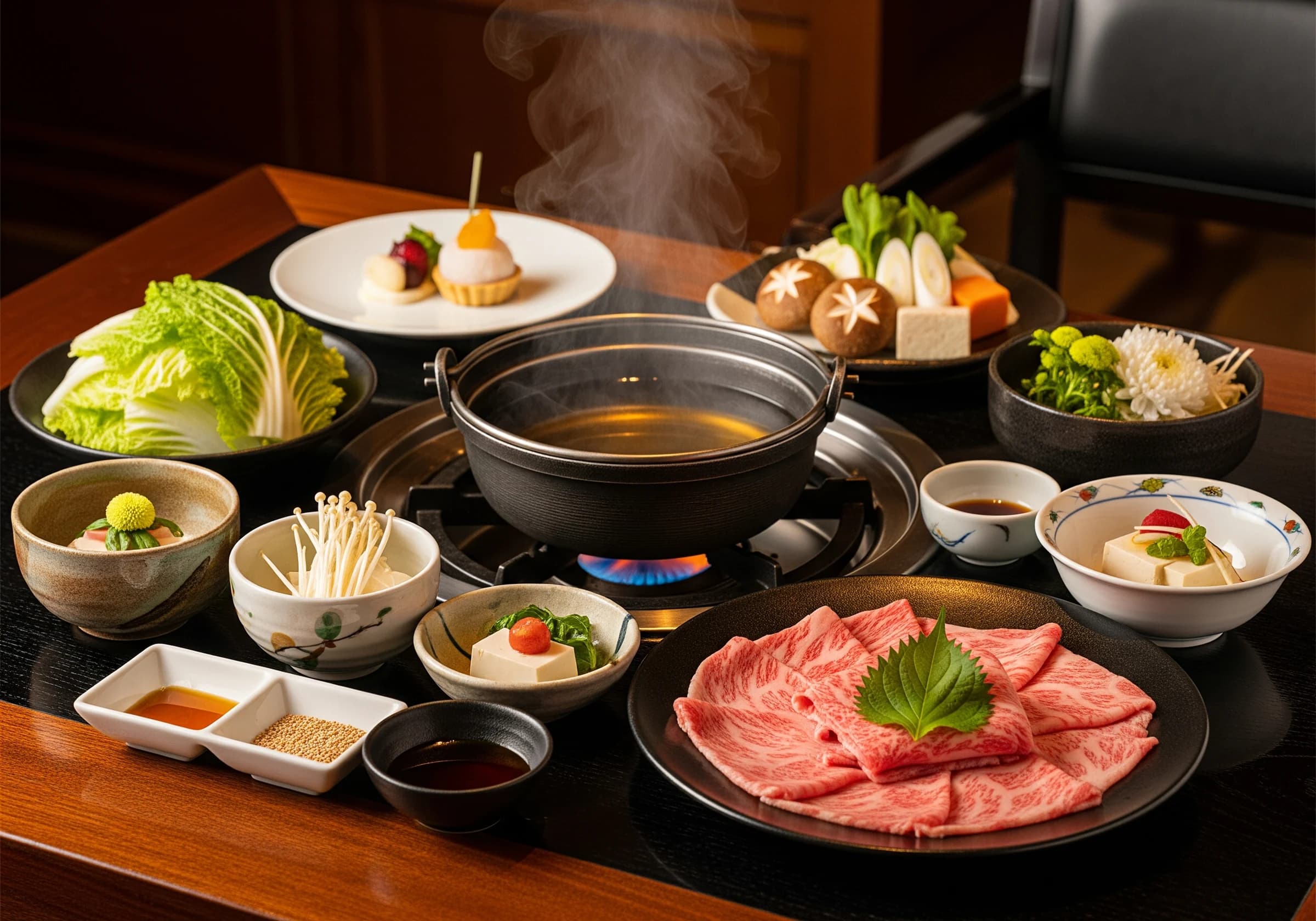 牛肉と季節の野菜が並ぶしゃぶしゃぶの膳