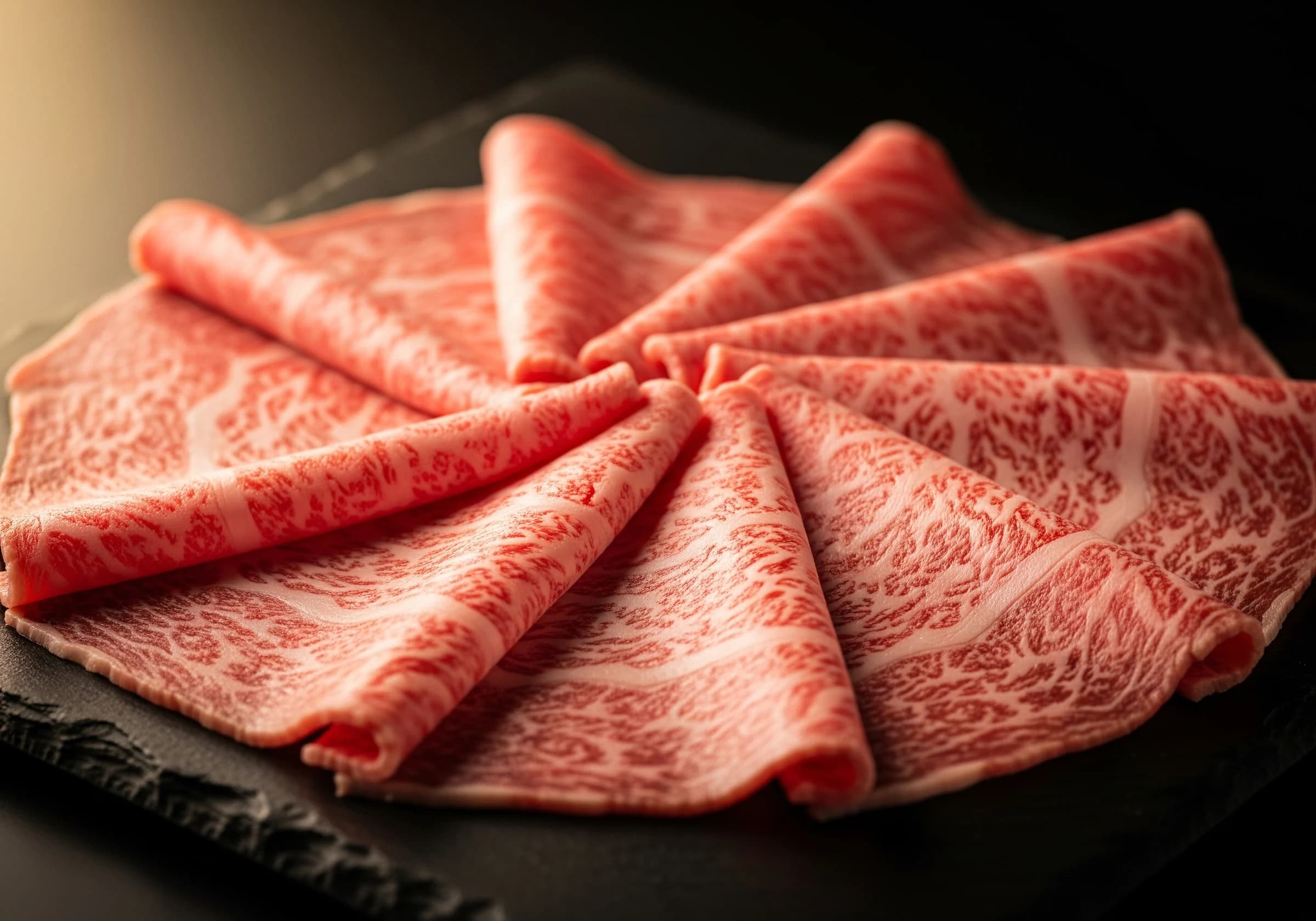 黒皿に盛られた霜降り和牛の肉