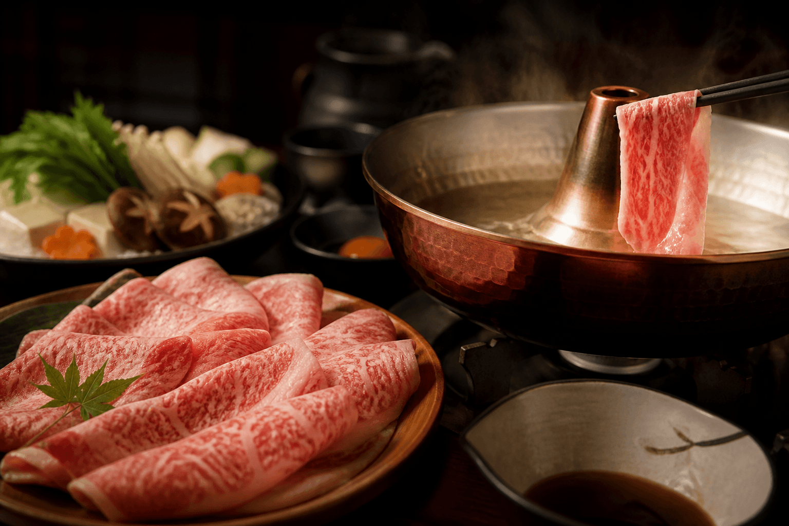 湯気立つしゃぶしゃぶ鍋と薄切り肉の盛り合わせ