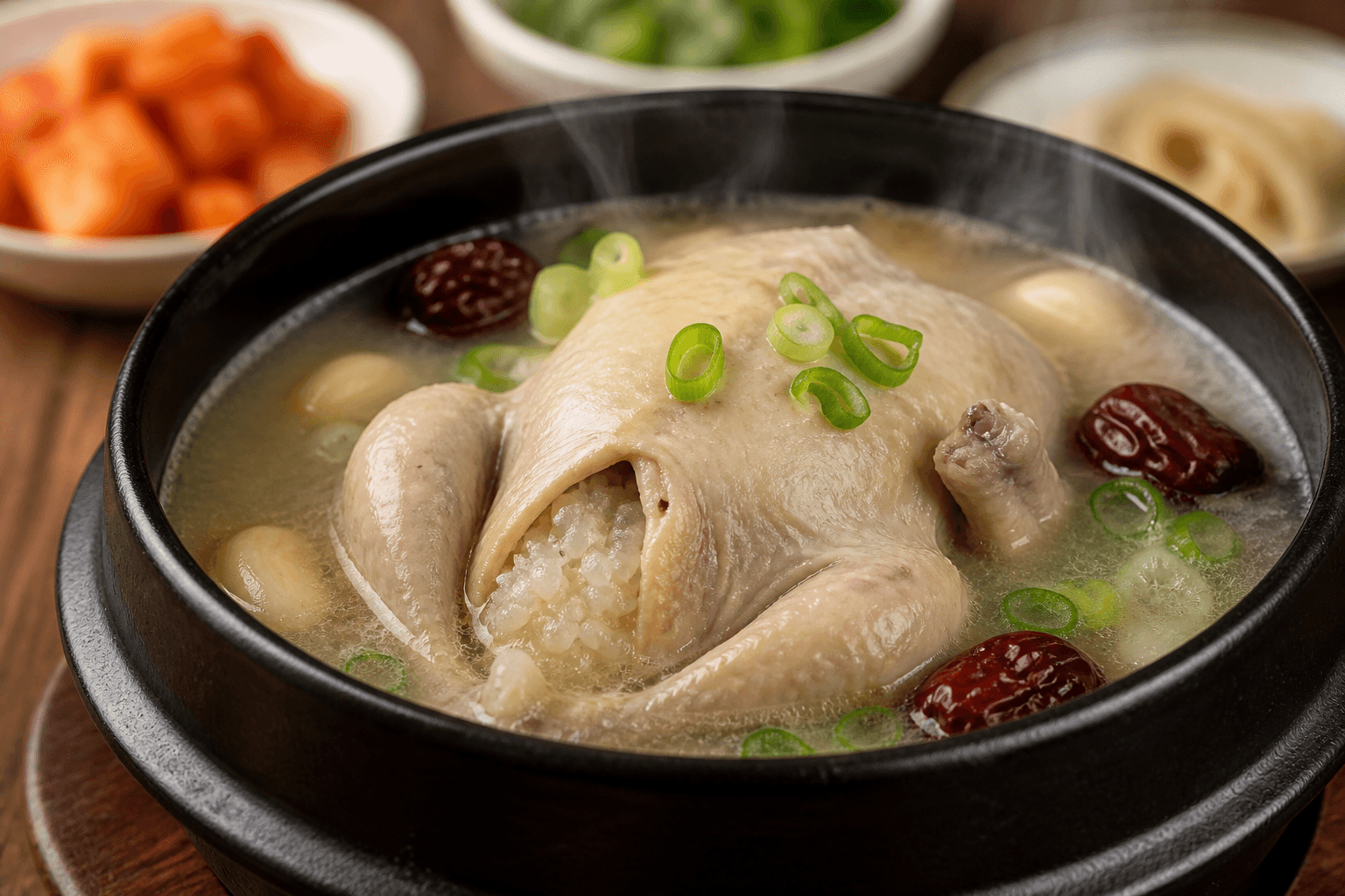 白濁したスープに丸ごと入った鶏のサムゲタン